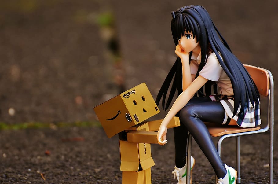 danbo collectible figure, girl, sad, danbo, consolation, chair, sit, thoughtful, anime, view