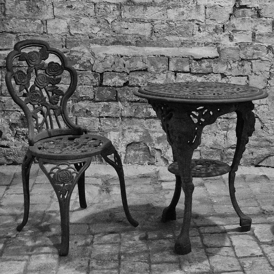 silla de jardín, mesa de jardín, viejo, sartenes de hierro fundido, adornos, rosas, antigüedades, oxidado, históricamente, asiento