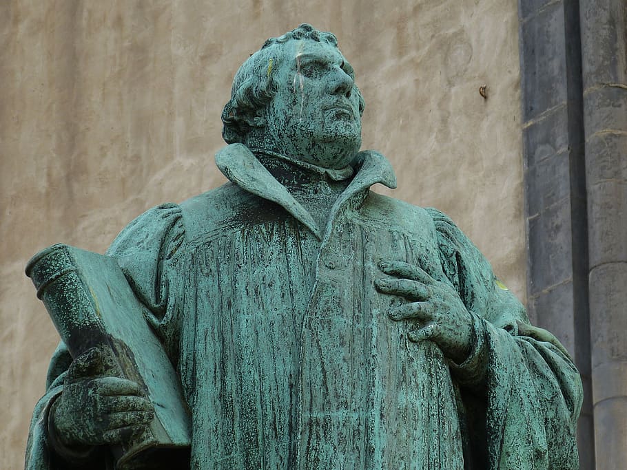 teal, concrete, statue, man, martin luther, protestant, monument, figure, reformation, church