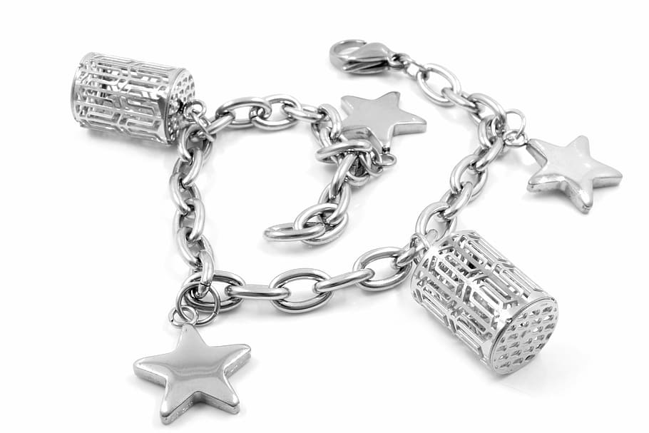 silver-colored charm bracelet, white, surface, stainless, background, bracelet, steel, gold, jewelry, metal