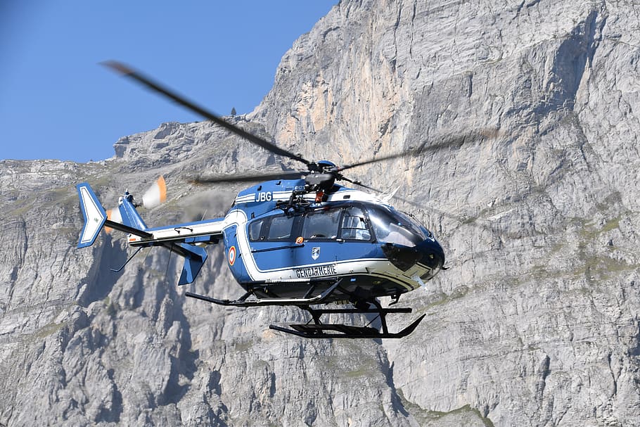 helicopter, fly, flight, national gendarmerie, relief, élices, palles, blue sky, france, passy-full-joux
