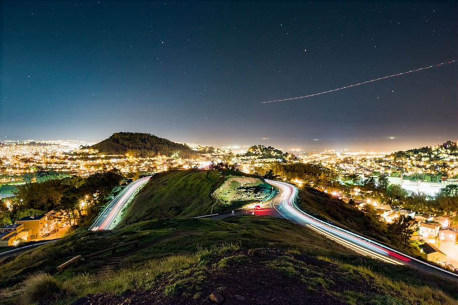 lighted, winding, road, top, mountain, architecture, building, infrastructure, city, lights