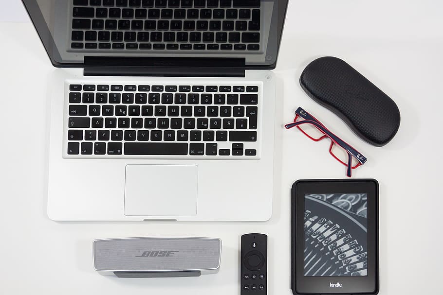 gray, laptop computer, speaker, e-book reader, pc, mac book, glasses, case, speakers, remote control