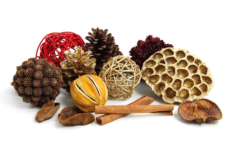 assorted, nuts, pine cones, ratan, ball, aroma, christmas, cinnamon, cone, decoration