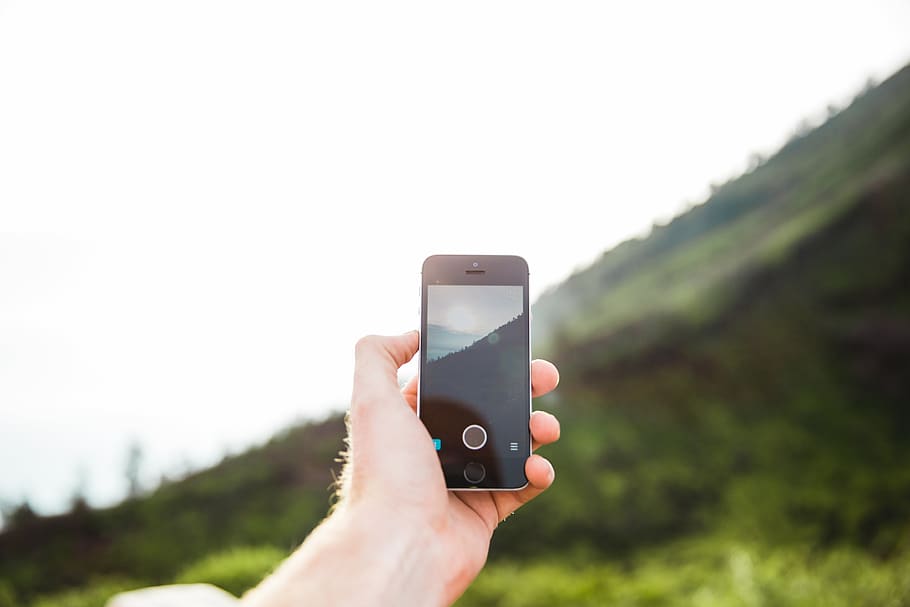 celular, teléfono, fotografía, paisaje, naturaleza, al aire libre, montañas, mano, tecnología, dispositivo
