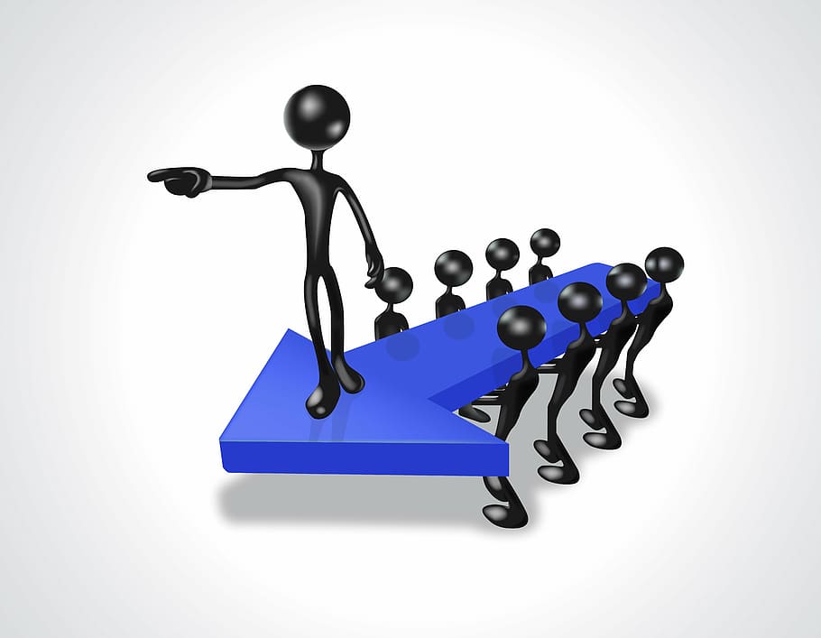 black, figure, blue, arrow illustration, leader, leadership, manager, team, group, entrepreneur
