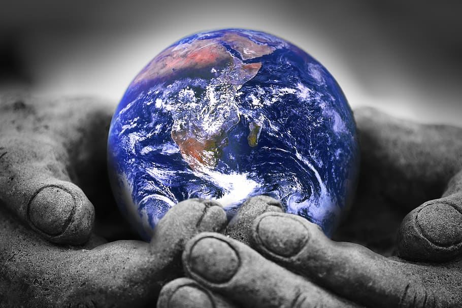 terra, planeta, globo, mãos, terra arrendada, azul, dedos, esfera, espaço, planeta Terra