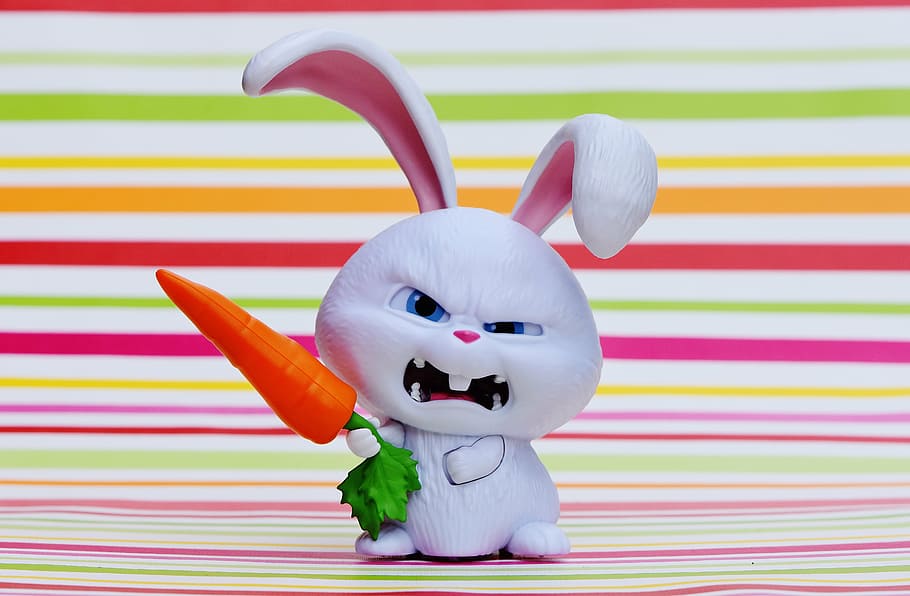 rabbit, holding, carrot figurine, hare, evil, snowball, film character, pets, funny, cute