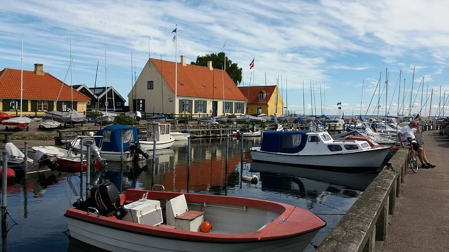 Puerto, agua, Dragør, barcos, pesca, nubes, Dinamarca, vela, embarcación náutica, amarrado