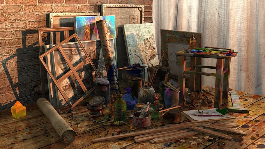 atelier, paint, art, brush, color tube, cans, tools, art and craft, indoors, creativity