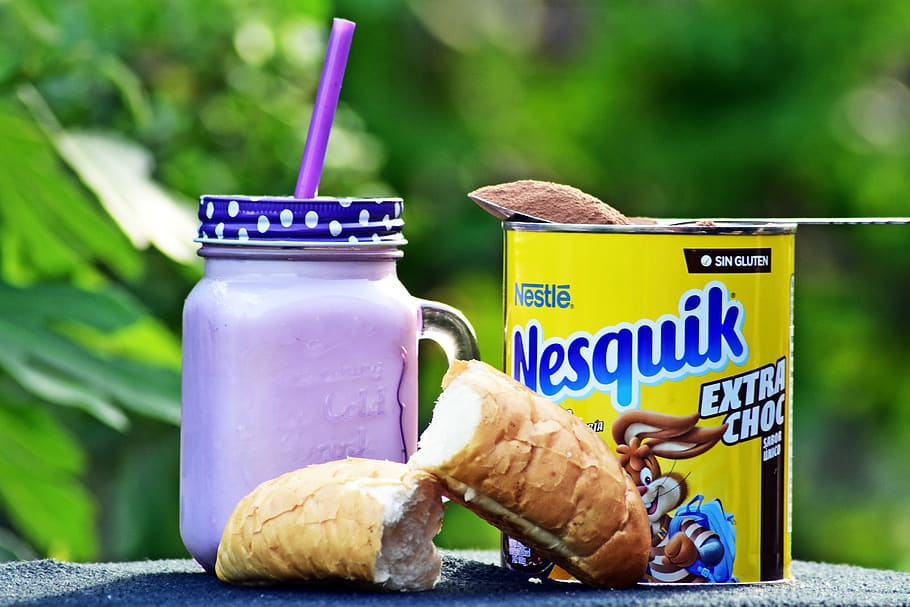 nesquik, cocoa, cocoa powder, milk, crescent, breakfast, brunch, snack, picnic, drink