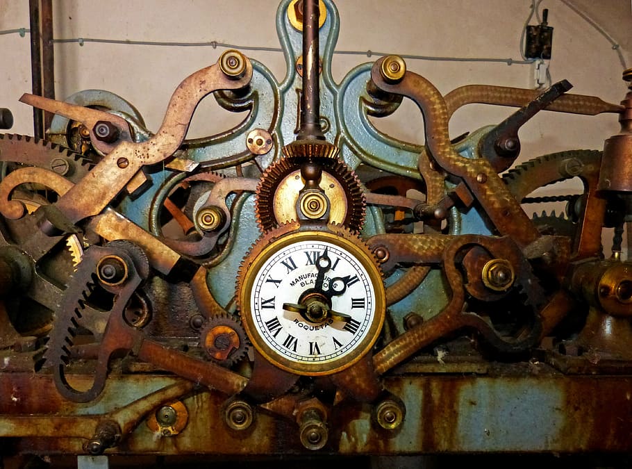 parede, montado, mecânico, relógio, campainha do relógio, velho, engrenagens, a torre do relógio, metal, equipamento