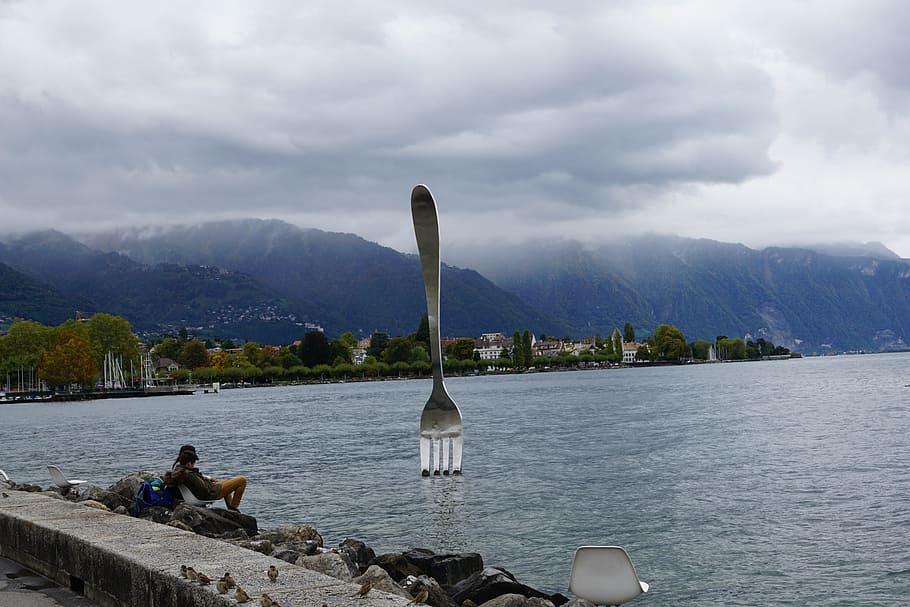 Vevey, Switzerland, Lake Geneva, Chair, lake, water, mountains, fog, landscape, bank