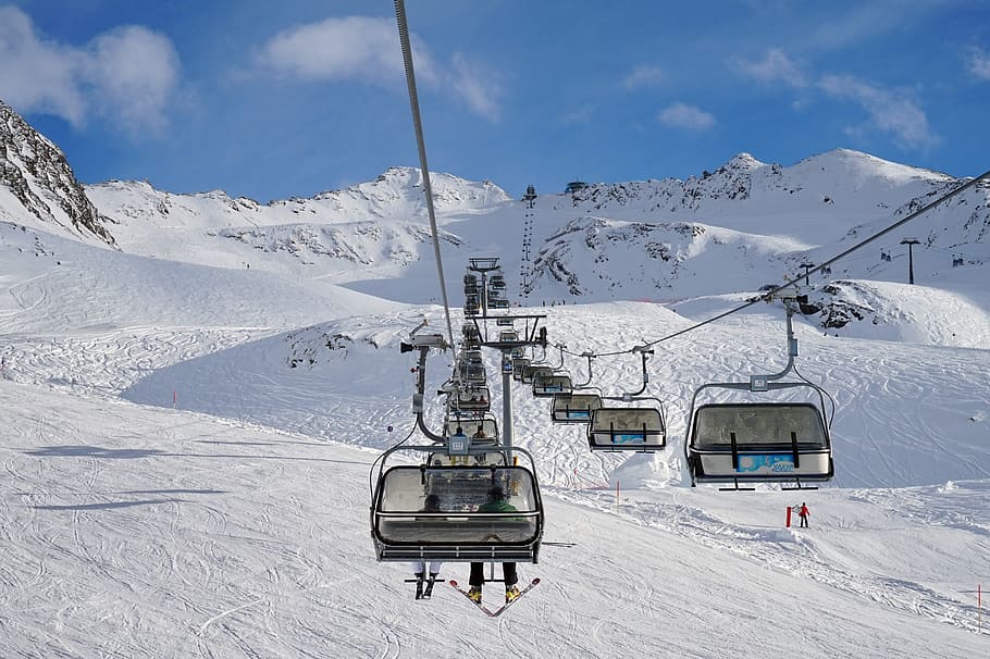 cable cars, blue, sky, snow, winter, mountain, coldly, sports, mountain peak, alpine