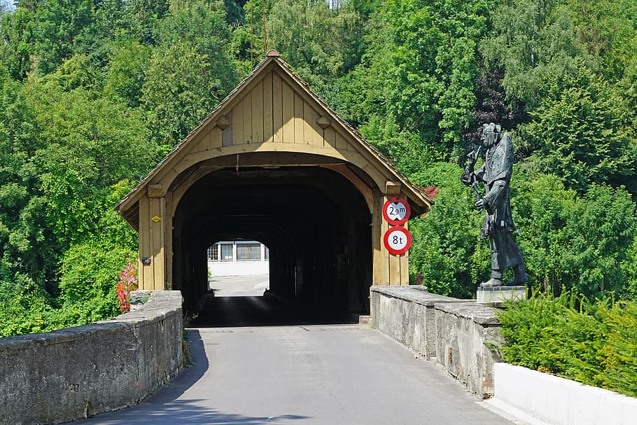 usado, marrón, de madera, puente, puente de madera, puente de aduanas, puente de madera cubierto, Rin, Suiza Alemania, Alemania-Suiza