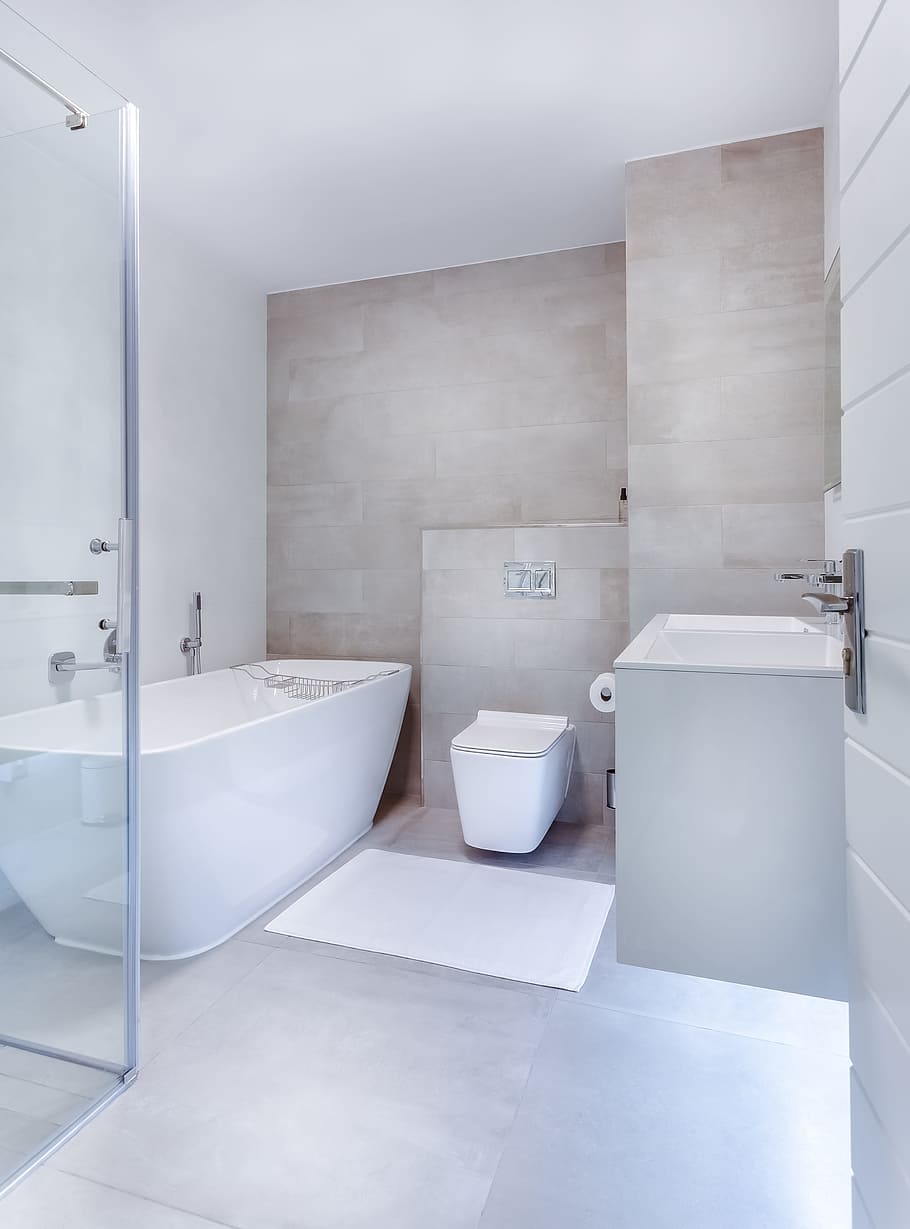 white, ceramic, bath tub, toiley, modern minimalist bathroom, interior, toilet, shower, home, sink