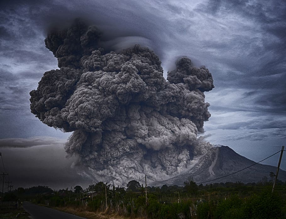 mountain, ash fall smoke, ashes, eruption, landscape, outdoors, smoke, volcano, danger, power in nature