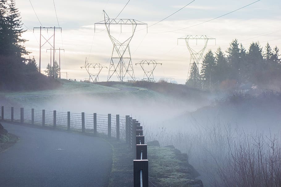 fog, curved, road, day time, scenic, tower, power, powerlines, electricity, infrastructure