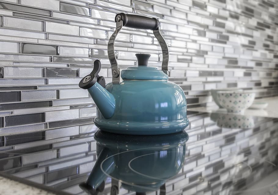 blue, kettle, induction cooker, kitchen, teapot, glass tile, staging, real estate, tea, teal