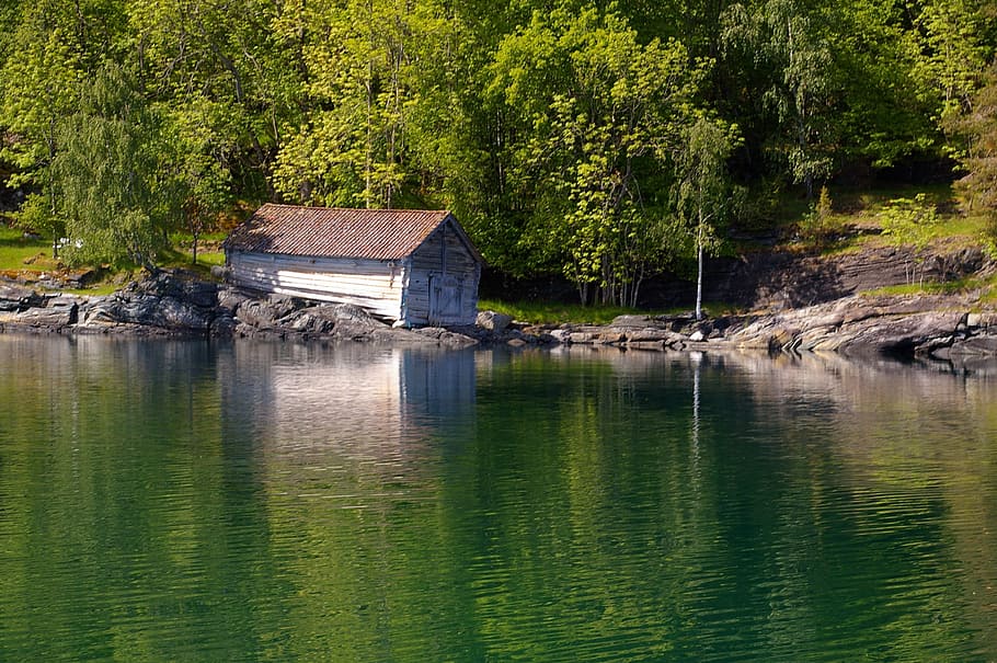 Noruega, fjordlandschaft, montañas, paisaje, naturaleza, primavera, vacaciones, norte, verde, cabaña de troncos