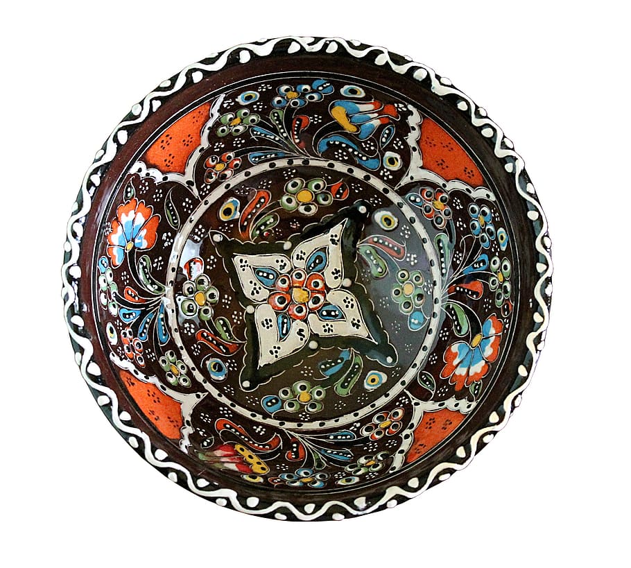 ceramics, turkish ceramics, oriental patterns, south patterns, handmade, white background, cut out, multi colored, art and craft, studio shot