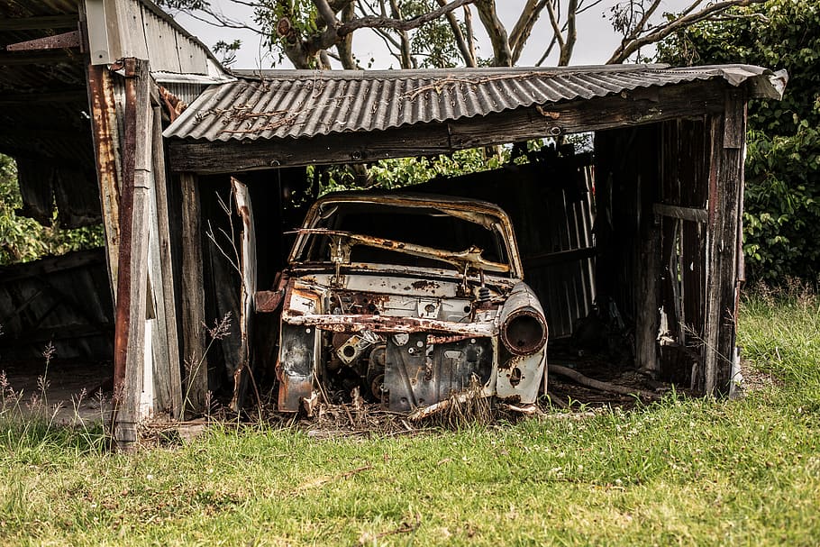 wrecked, vehicle, garage, daytime, things, items, car, old, decrepit, rust