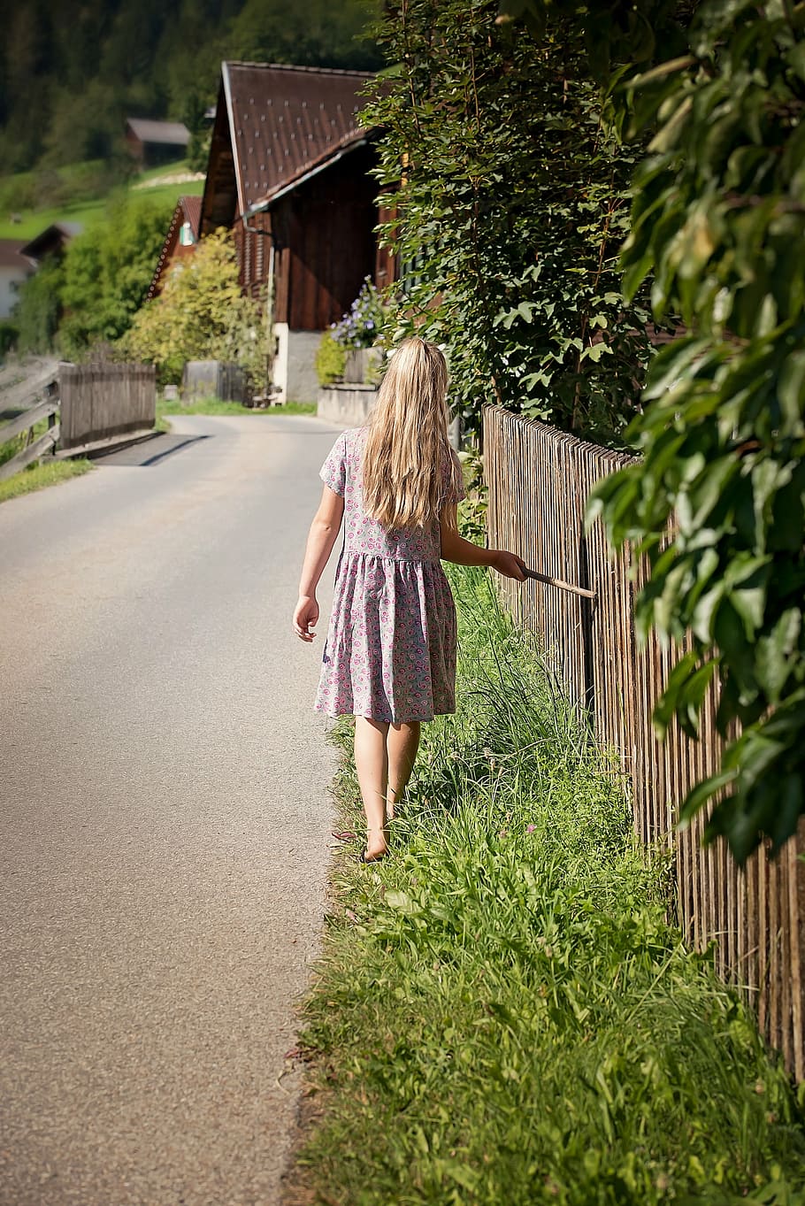 girl, dress, standing, dress grass, pathway, person, human, child, long hair, road