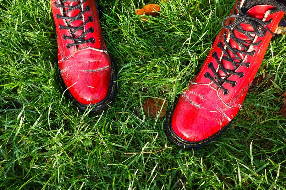 pair, cherry, red, dr., martens 1460 boots, green, grass, feet, shoes, woman