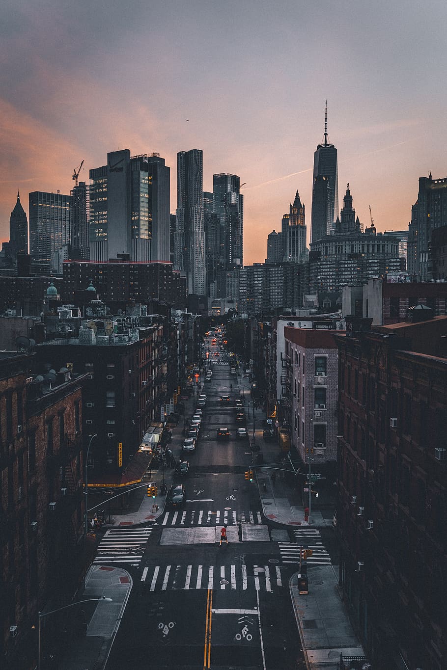 city, dusk, view, street, urban, buildings, new york, nyc, crosswalk, skyline