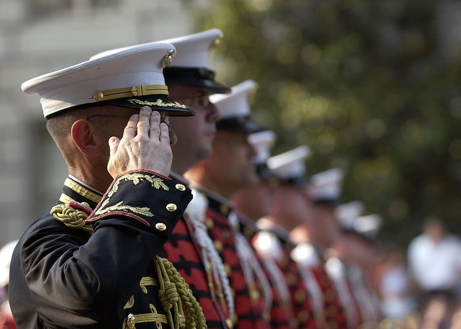 formación, hombres, soldados, uniformes, militares, atención, saludo, uniforme, estados unidos, patriotismo