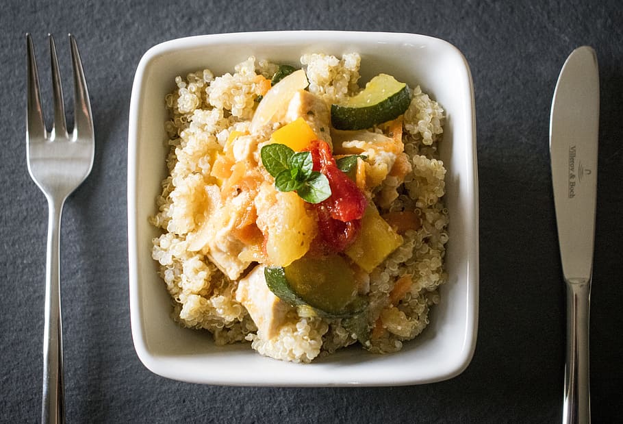 slice fruit rice dish, bowl, quinoa, vegetables, cutlery, food, kitchen, chicken, pact, eating utensil