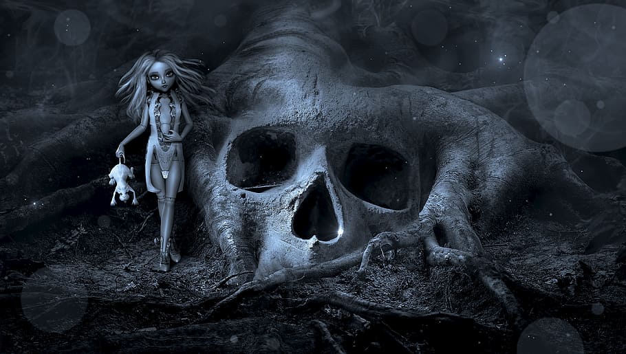 gray skull, fantasy, creepy, doll, skull, root, mystical, weird, horror, nightmare