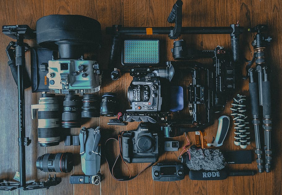 black, canon dslr camera, stabilizer kit, flat, lay, photography, camera, gear, photoshoot, video