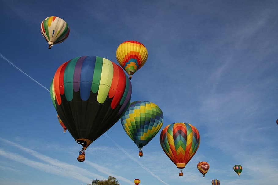 balões de ar quente, balões, ar quente, subindo, céu, colorido, vôo, evento, elevador, flutuante