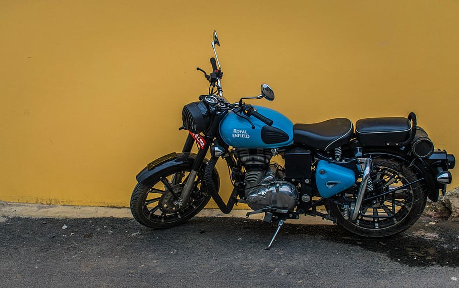 blue, black, royal, enfield, standard, motorcycle, parked, wall, Vehicle, Ride