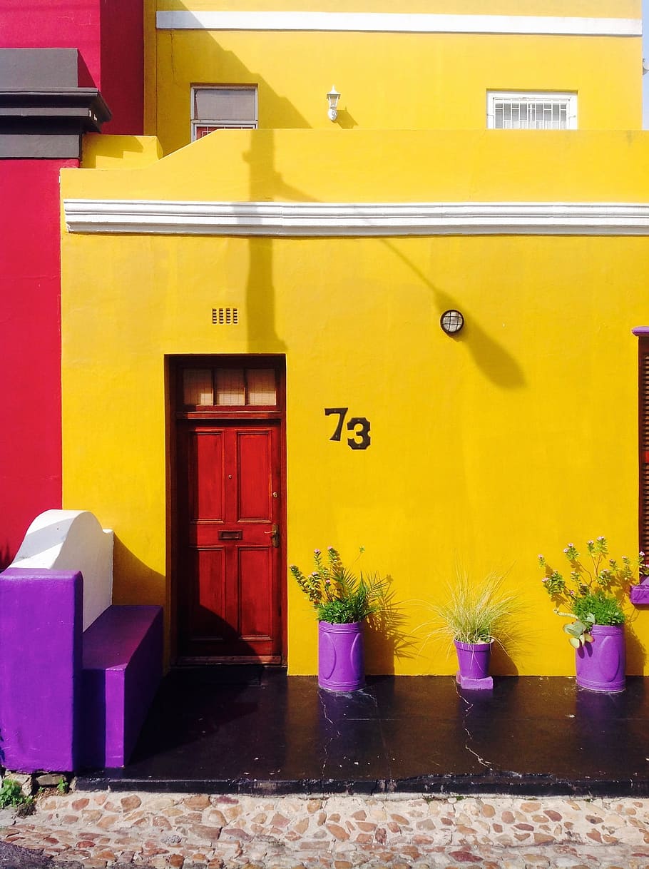 家, カラフル, 黄色, 外装, 紫, ピンク, 明るい, 建物, 遺産, 住宅