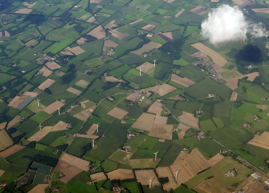 aerial view, cloud, flight, aircraft, bird's eye view, fields, germany, windräder, patchwork landscape, environment