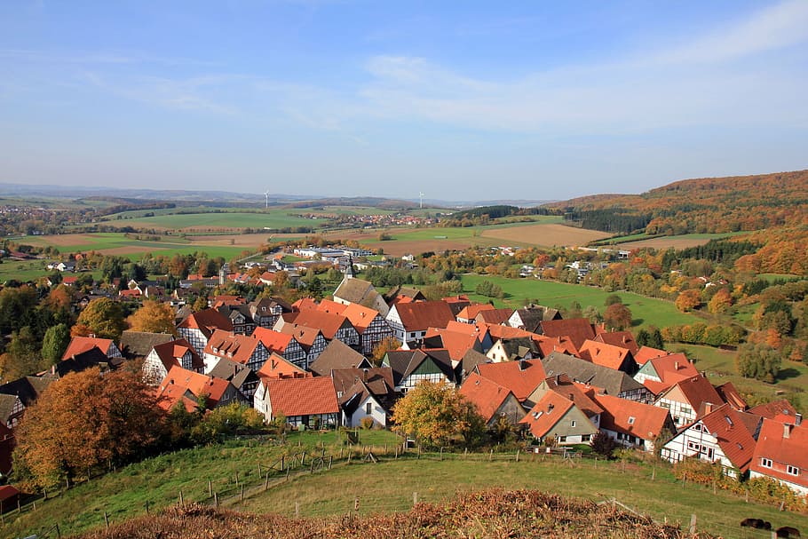 village, homes, landscape, teutoburg forest, autumn, schwalenberg, architecture, building exterior, house, building