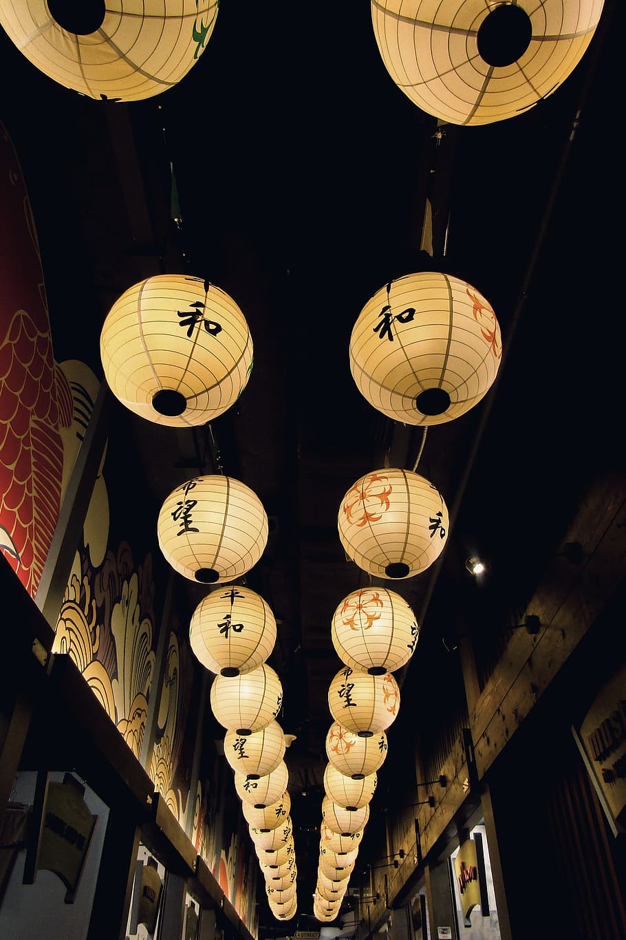 paper lanterns, kanji, texts, street, japan, lantern, japanese, traditional, lamp, light