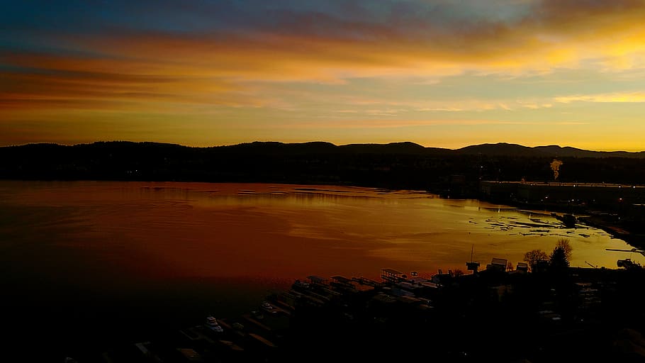 aerial, sunset, drone, sky, clouds, dusk, evening, lake, golden, water