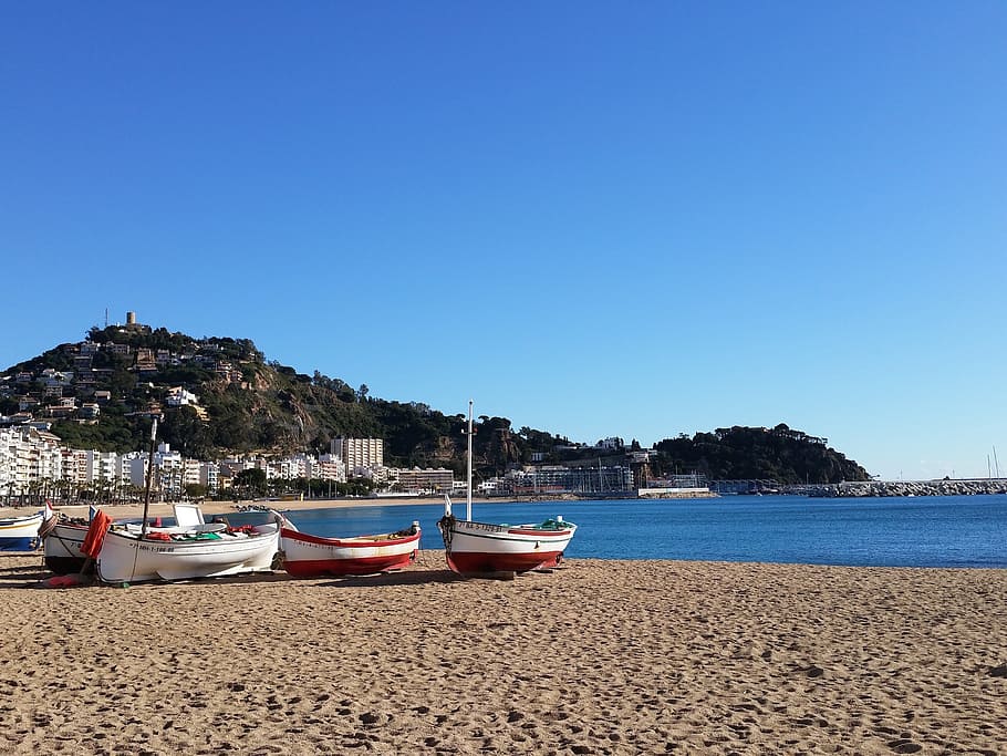 three, boats, beach shore, costa brava, barca, beach, mediterranean, girona, holiday, peaceful