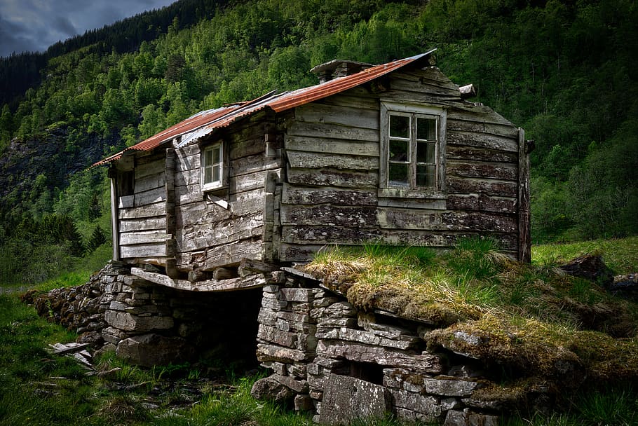 kabin, gubuk, ditinggalkan, kehancuran, tua, dalsdalen, norwegia, pohon, arsitektur, struktur yang dibangun
