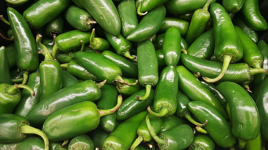 bunch, green, chili peppers, jalapeños, chili, peppers, hot, spicy, food, grocery