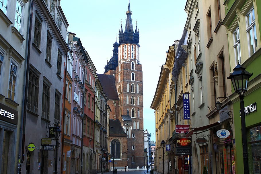 bangunan beton coklat, kota, basilika, krakow, tua, jalan, cracow, persegi, gereja, menara