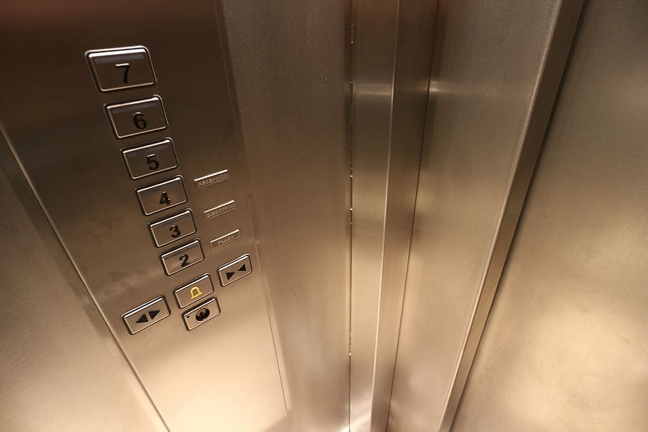 elevador de aço inoxidável, aço inoxidável, elevador, para cima e para baixo, controle, chaves, operação, alto, baixo, ascensão