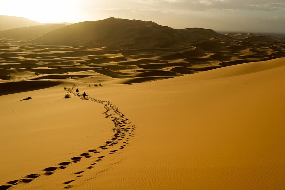 footsteps, sand, daytime, desert, landscape, highland, mountain, sky, view, footprints