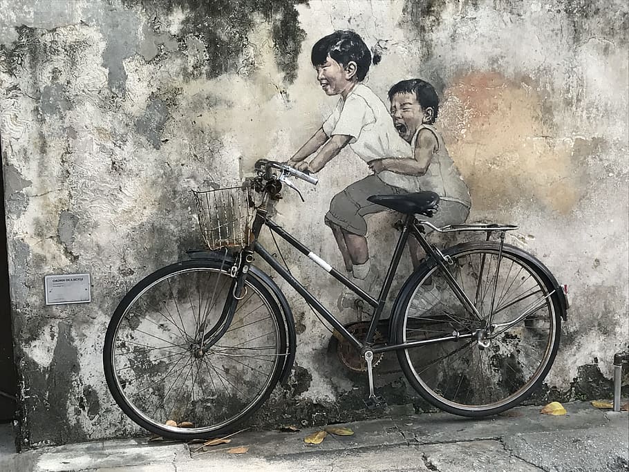 penang, street art, malaysia, holiday, vacation, asia, transportation, bicycle, togetherness, mode of transportation