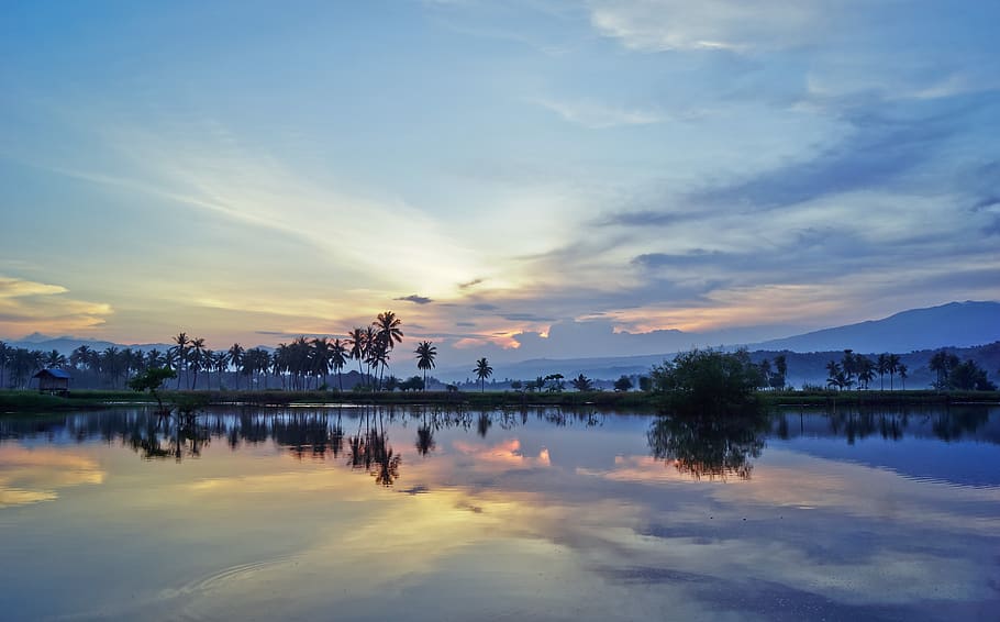 paisagem, lago, o céu, crepúsculo, vista, bela, natureza, azul, arte, indonésia oriental