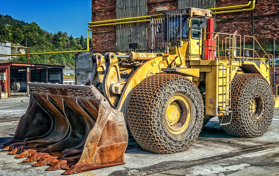 yellow, front-loader, outside, building, wheel loader, cat, caterpillar, construction machinery, hard, construction work