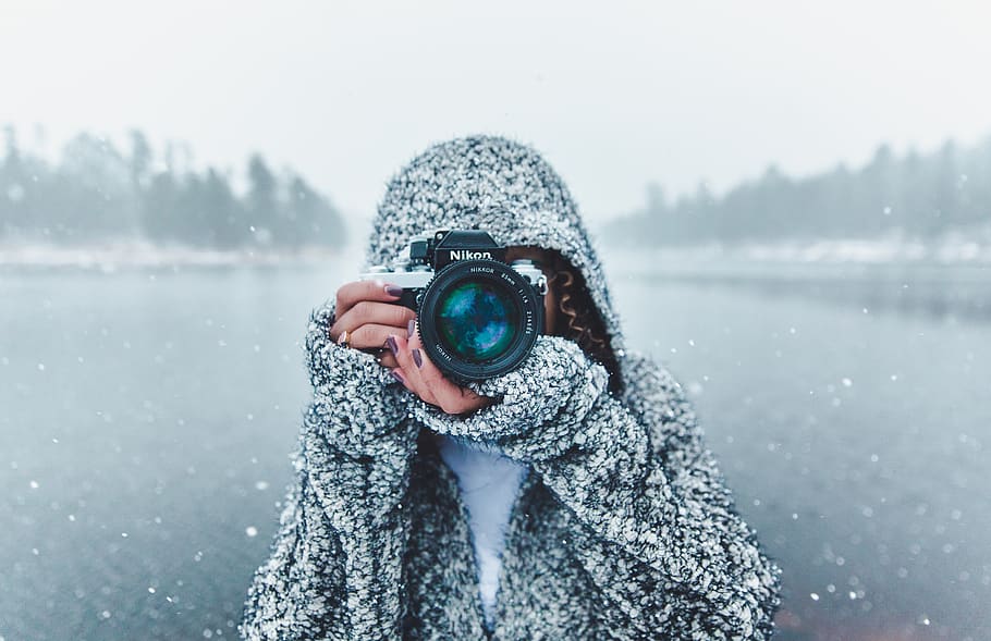 câmera, nikon, lente, preto, fotografia, pessoas, mulher, menina, fotógrafo, neve
